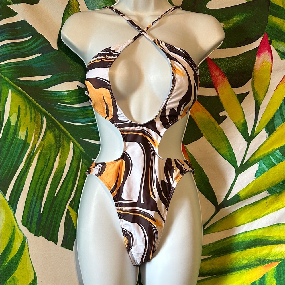SHEIN Swirl Print Cutout Swimsuit